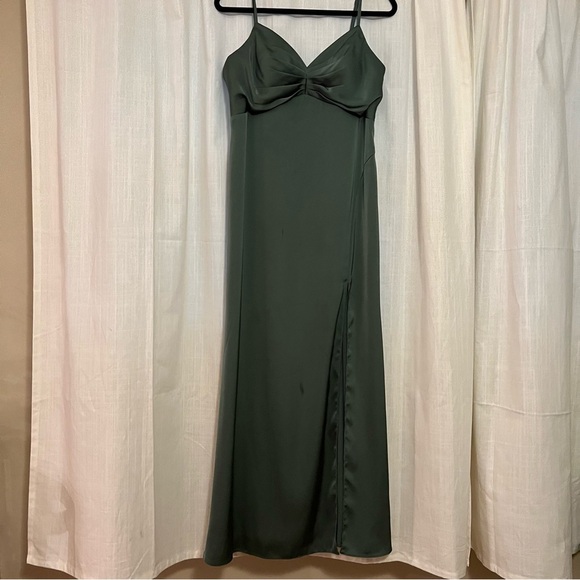 Azazie Linia Eucalyptus Mermaid Pleated Stretch Satin Dress Evening Gown Size 14 - Picture 4 of 14